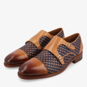 The Lucca Monk Strap Shoe In Navy Woven Leather | -TAFT Discount